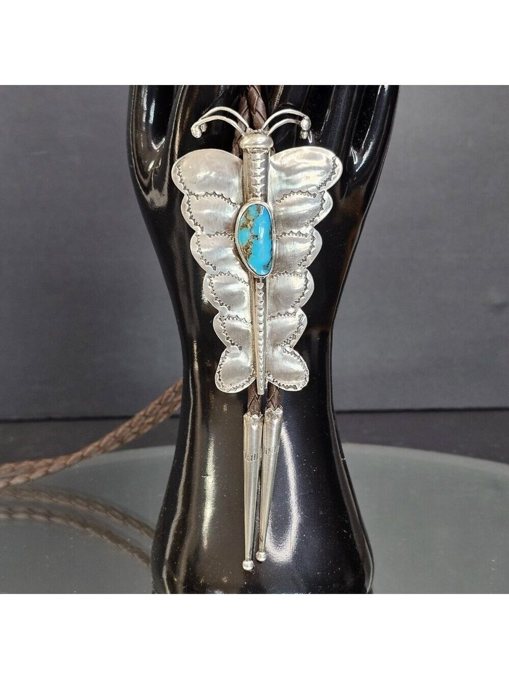 Navajo Turquoise Sterling Silver Bolo Tie Large Butterfly Signed HW. USA